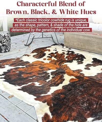 Tricolor Cowhide Rug Classic Brown, Black and White Color Mix, Natural Leather Hide, Area Rug (6x8ft)