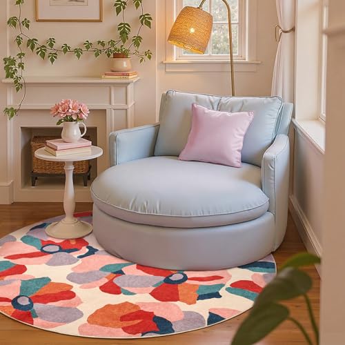 5ft Floral Round Rug Washable Living Room Rug Colorful Cute Bloom (19.63 Sq Ft)
