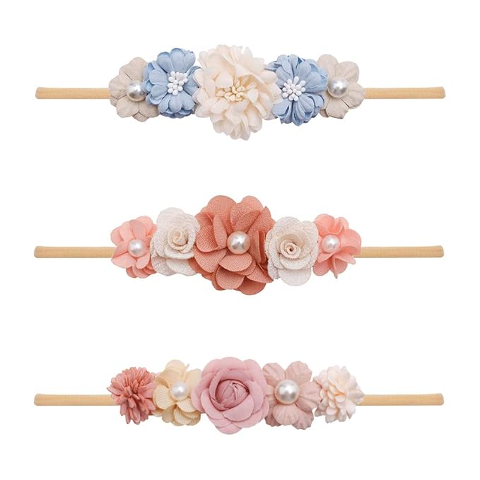 Baby Girl Nylon Headbands Flower Hair Bows Accessories-Elastic Hair Band Crown Handmade FLoral Wraps Birthday Gifts for Girls Newborn Infant Toddler 3Pcs