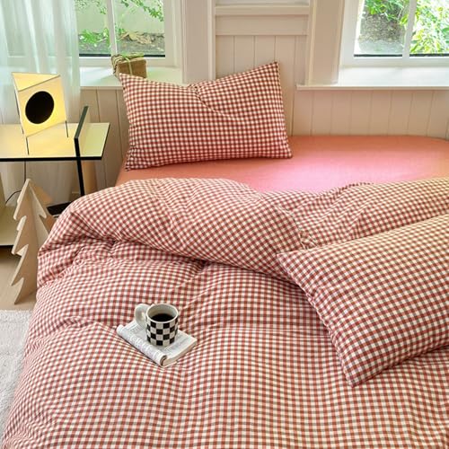 Gingham Comforter Set King Vintage Plaid Checkered Pattern Comforter Lightweight Soft Gingham Bedding Red Orange Grid Comforter with 2 Pillowcases Farmhouse Checkered Comforter Set
