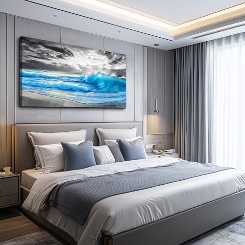 Beach Wall Pictures Canvas Artworks Wall Decor For Living Room Canvas Wall Art For Bedroom Restaurant Office Decorations Blue Sea Wave Ocean Paintings Home Decor Ready To Hang 24x48 In