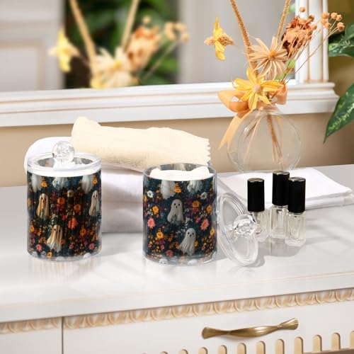 2 Pack Qtip Holder Organizer Dispenser Cute Ghosts with Flowers Bathroom Storage Canister Cotton Ball Holder Container for Cotton Pads (2 Count)