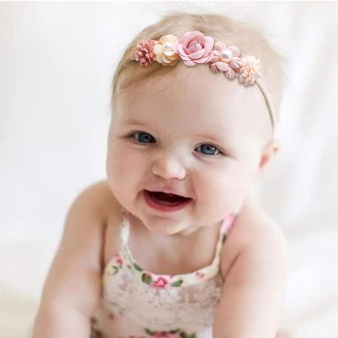 Baby Girl Nylon Headbands Flower Hair Bows Accessories-Elastic Hair Band Crown Handmade FLoral Wraps Birthday Gifts for Girls Newborn Infant Toddler 3Pcs