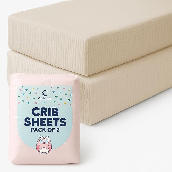 Organic Crib Sheets Large Size 52x28x9 Inches 2 Pack Beige Muslin Sheets, Gentle Baby Crib Bedding, Stretchy Fit for Rectangular & Oval Crib Mattress, No Shrink After Wash
