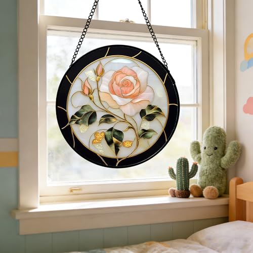 Pink Rose Stained Glass Window Hanging Suncatcher Gifts for Women 6.3"