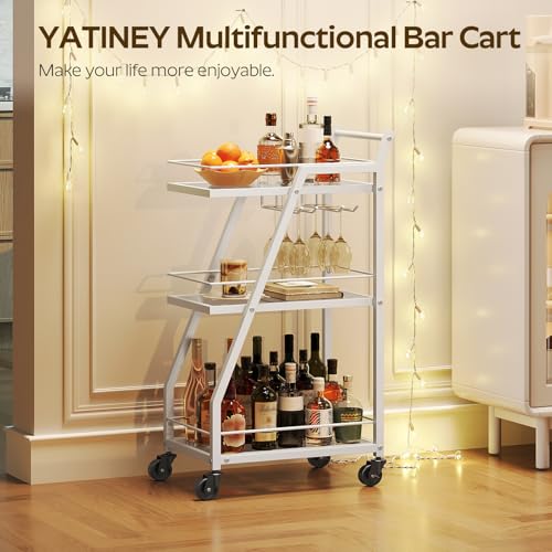 Bar Cart, 3-Tier Home Bar Serving Cart with Wheels, Drink Cart with Glass Holder, Beverage Cart, Rolling Kitchen Cart, for Home, Living Room, Transparent and White BC03WT