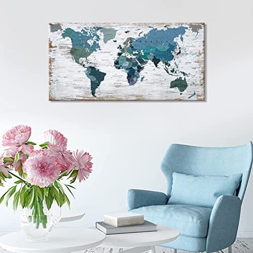 Teal Decor World Map Canvas Art Pictures for Living Room Wall Decoration Blue Wall Decor Office World Map Art Picture Framed Artwork for Home Bedroom Decoration 24"x48"