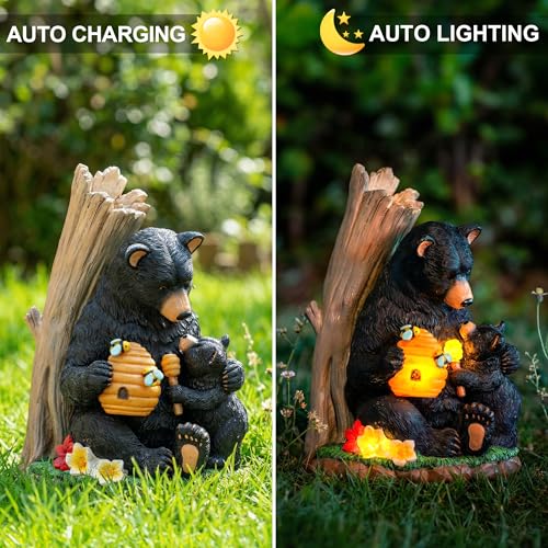 Solar Bear Garden Statue with Glowing Beehive & Cub