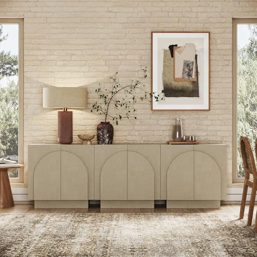 Iris Mid Century Modern Arched Curio Cabinet with Beige Linen Finish (3 Count)