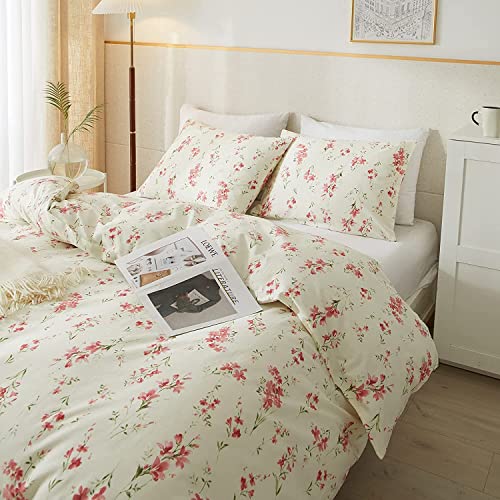 Vintage Garden Style Pink Floral Comforter Set Full Chic Boho Floral Bedding Comforter Fluffy Soft Aesthetic Flowers Botanical Comforter with 2 Pillowcases Girls Women Cottagecore Comforter Set