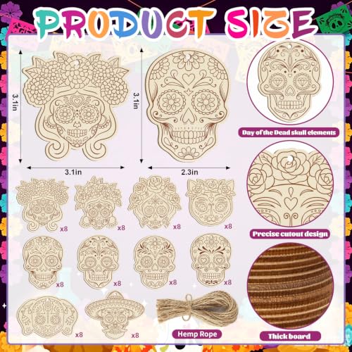 80PCS Wooden Day of The Dead Skull Ornaments to Paint Dia De Los Muertos Decorations Crafts for Kids