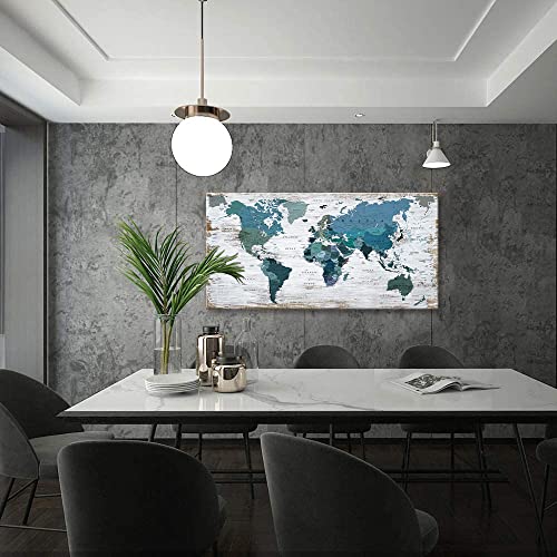 Teal Decor World Map Canvas Art Pictures for Living Room Wall Decoration Blue Wall Decor Office World Map Art Picture Framed Artwork for Home Bedroom Decoration 24"x48"