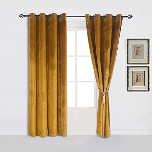 Super Soft Luxury Velvet Set of 2 Warm Yellow Blackout Velvet Energy Efficient Grommet Curtain Panel Drapes Ginger 52Wx63L