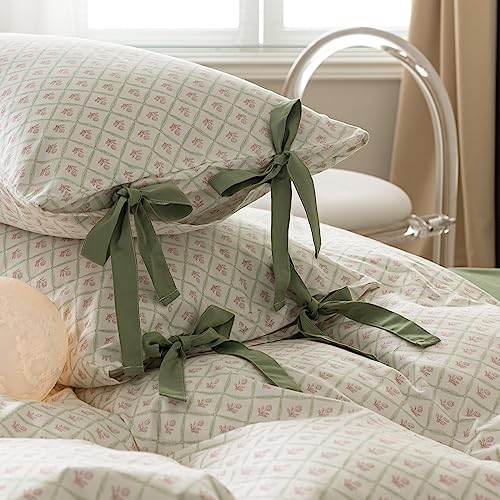 Pink Floral Comforter Set Queen Plaid Grid Cute Flower Comforter 3 Pieces Cottagecore Bedding Comforter Aesthetic Flowers Boho Comforter with 2 Bowknot Pillowcases Farmhouse Bedding Set