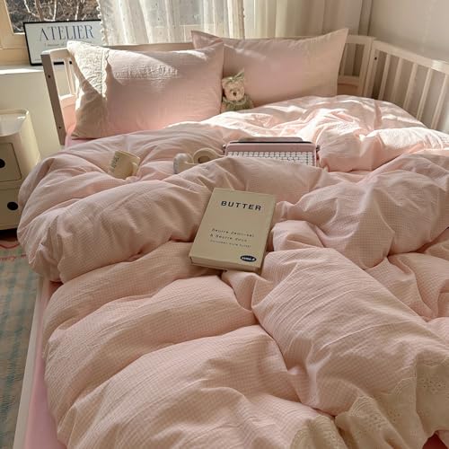 Pink Gingham Comforter Set King Fluffy Soft Microfiber Pink Grid Bedding Comforter Romantic Lace Style Farmhouse Gingham Bedding Set Vintage Plaid Checkered Comforter Set for All Seasons