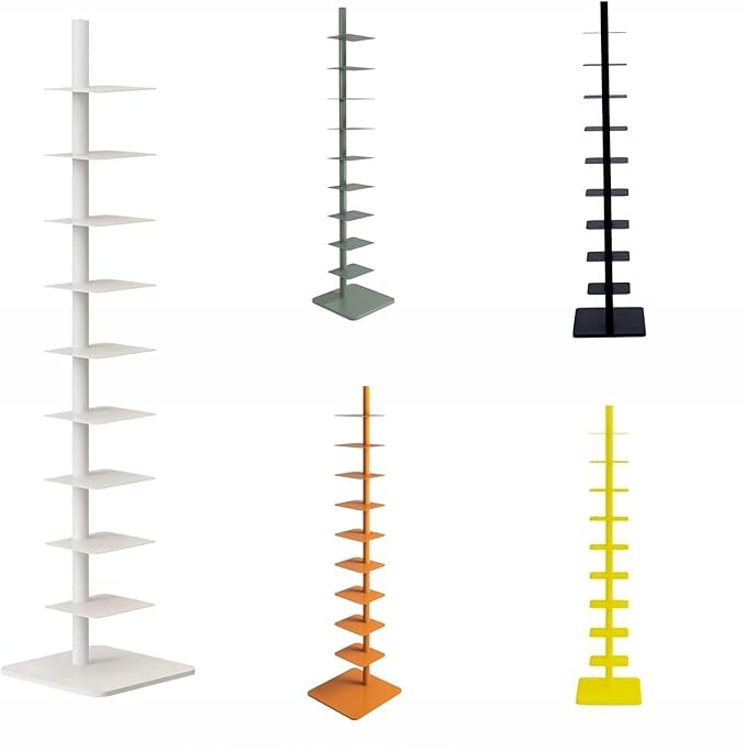 9-Tier Spine Bookshelf Metal Bookcase 5 Colors Vertical Bookshelf Tower Rotating Tall Narrow Bookshelf Ladder Book Rack Indoor (White)
