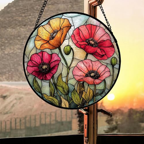 Poppy Flower Stained Glass Window Hanging Suncatcher Gifts for Women 6.3"