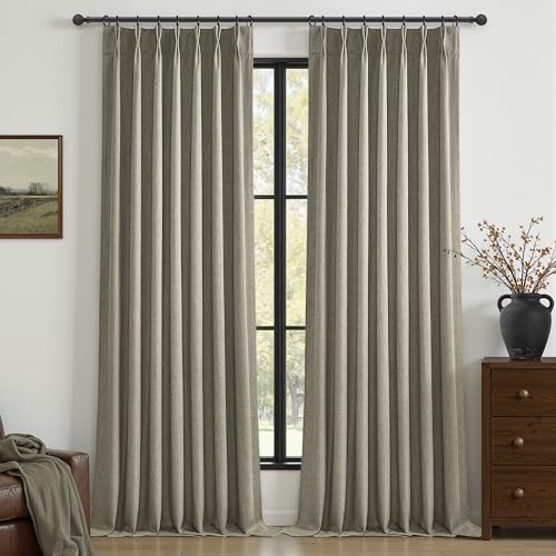 Grey Green Blackout Linen Curtains 102 Inches Long for Living Room Bedroom (2 Count)