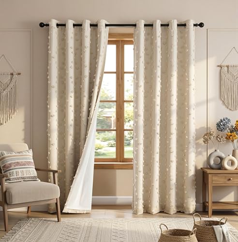 100% Blackout Curtains for Nursery Thermal Insulated Beige Pom Pom Curtain 72 Inch Length for Girls Bedroom 2 Panels Grommet White Sheer Drapes for Kitchen Dining Room Door (2 Count)