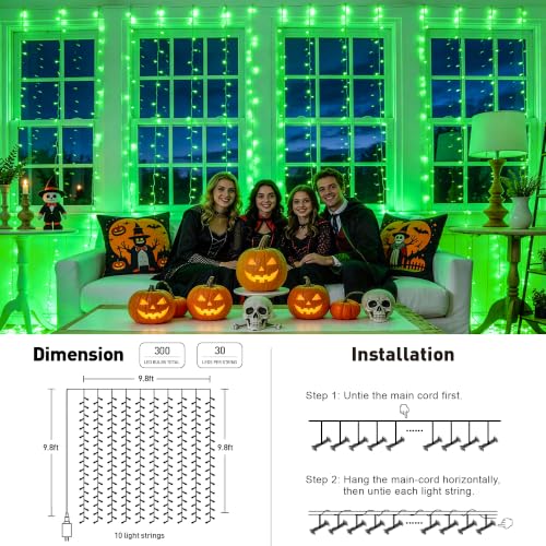 300 LED Green Curtain Lights for Halloween Decor (9.8 Foot)