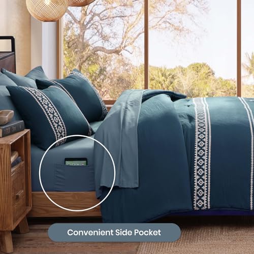 Embroidery Queen Comforter Set 7 Pieces Navy Blue Bed in a Bag