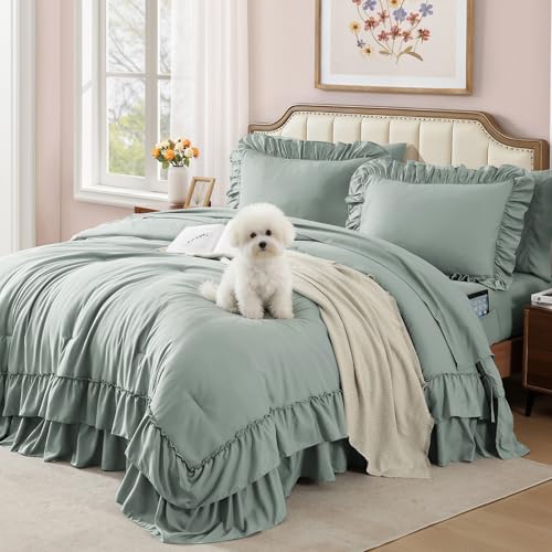 Full Size Comforter Set Sage Green Ruffle 7 Pieces Farmhouse Bed in a Bag