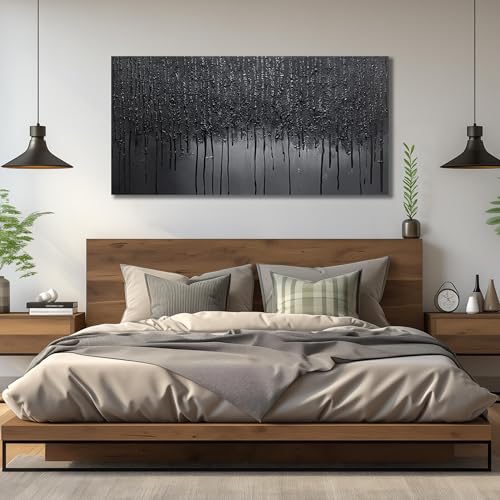 Black Hand Painted Wall Art for Office Abstract Wall Decor for Living Room Big Wall Art for Bedroom Men Size 29 x 58 Inch