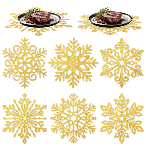60Pcs Christmas Snowflake Paper Placemat Disposable Gold Glitter Snowflake Shaped Dining Table Setting for Winter Xmas Holiday Wedding Birthday Party Kitchen (60 Count)