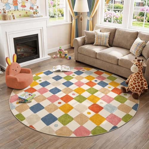 7ft Kids Round Rug Washable Classroom Rug Colorful Checkered Mat (38.48 Sq Ft)