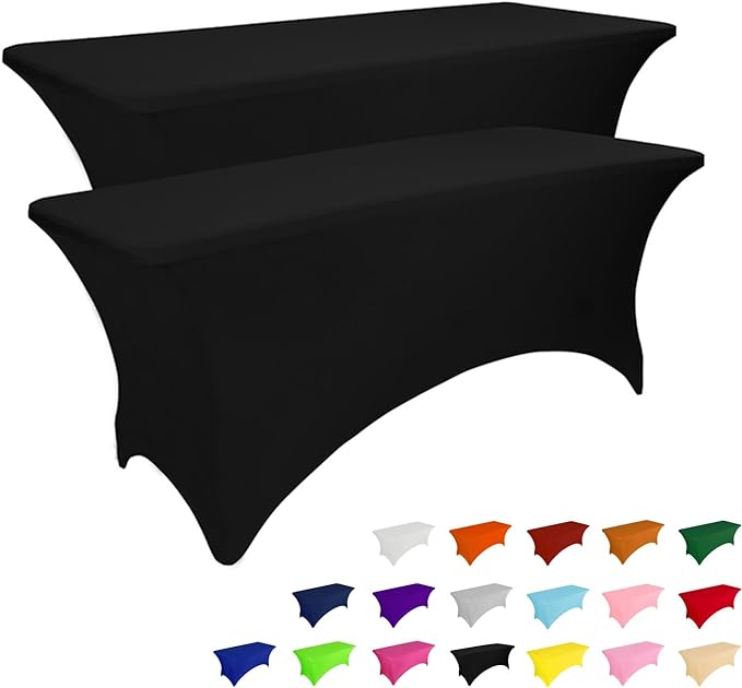 IVAPUPU 2 Pack 4FT Table Cloth for Rectangular Fitted Events Stretch Black Table Covers Washable Spandex Spring Tablecloth Protector for Party, Wedding, Cocktail, Banquet, Festival
