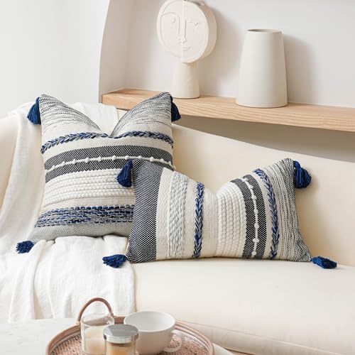Decorative Lumbar Throw Pillow Cover 12x20 Boho Dark Blue Accent Cushion for Couch Sofa Farmhouse Pillowcase for Bedroom Living Room Home Décor Cover ONLY