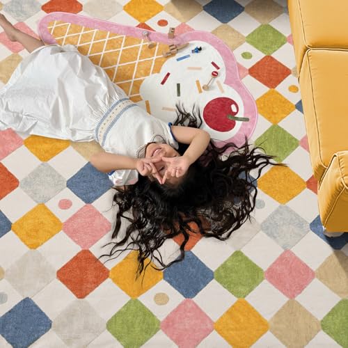 8ft Kids Round Rug Washable Classroom Rug Colorful Checkered Mat (50.27 Sq Ft)