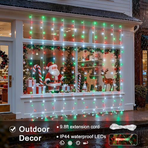 300LED Red White and Green Christmas Curtain Lights with Remote (9.8 Foot)