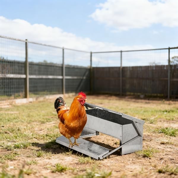 Treadle Chicken Feeder - Rodent Proof No Waste | Weatherproof Galvanized Steel Large Capacity Poultry Feeder for Chickens Ducks (Holds Grit/Oyster Shell, Silver)