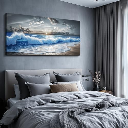 Large Canvas Printed Artworks Mural Wall Decor For Living Room Wall Art For Bedroom Office Decor Black White And Blue Ocean Wave Landscape Painting Modern Home Decor Ready To Hang 30"X60"