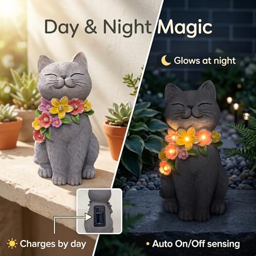 Solar Cat Garden Statue for Outdoor Decor