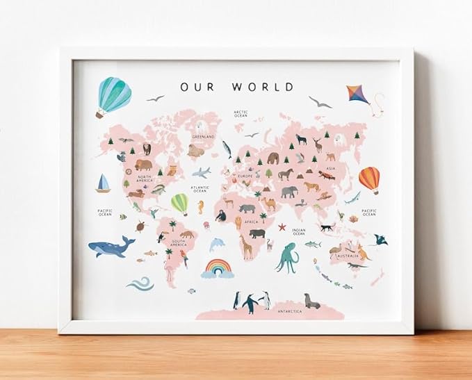OZCONO World Map Learning Poster, Colorful Animal Chart Kids, Preschool Wall Decor Art, Homeschool Education Guide (Unframed) (24x36)