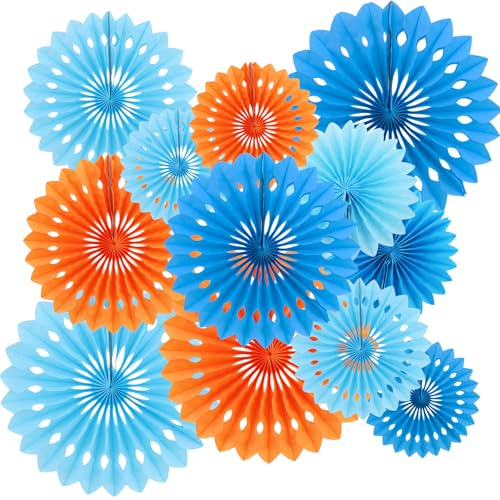 Honeycomb Round Paper Fan Blue Mix Orange Hanging Party Decoration (11 Count)