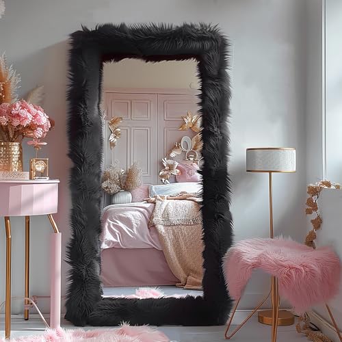 Full Length Mirror Free Standing Furry Faux Fur Framed Full Body Floor Mirror Wall Mounted Leaning Hanging Wall for Bedroom Hallway Entrance