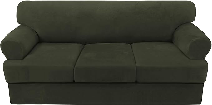 H.VERSAILTEX Sofa Cover 4 Piece T Cushion Sofa Slipcovers Thick Velvet Couch Cover Stretch T Cushion Sofa Covers for 3 Cushion Couch with 3 Individual T Cushion Covers, Olive