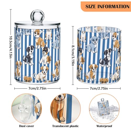 2 Pack Qtip Holder Organizer Dispenser Cute Puppies Blue White Stripes Bathroom Storage Canister Cotton Ball Holder Container for Cotton Pads (2 Count)