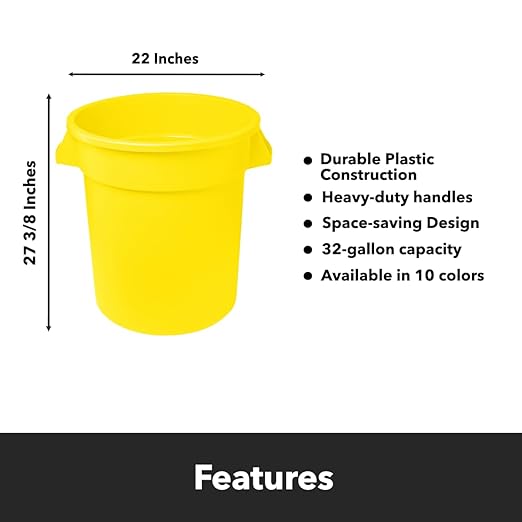Feed and Seed Storage Container, 32 Gallon Yellow Round Commercial Trash Can, Food Storage Plastic Bin, Use in Agricultural, Gardening, or Household