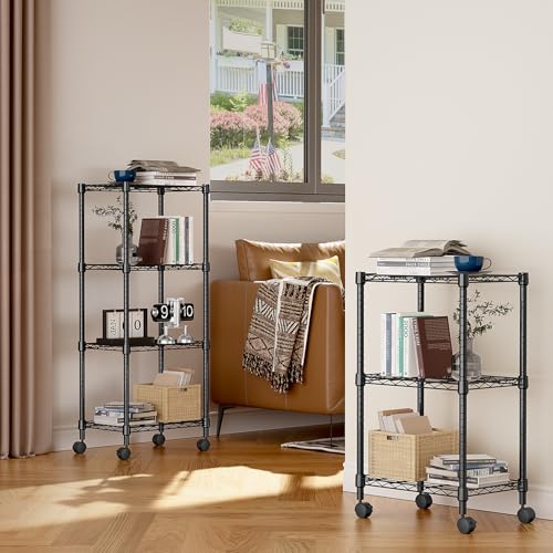 3 Tier Shelf Metal Storage Shelves Wire Rack Closet Organizers with Wheel for Garage Kitchen Bathroom Laundry Black 11.8" D x 17.7" W x 29.8" H