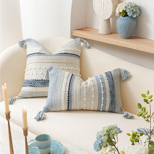 Decorative Lumbar Throw Pillow Cover 12x20 Coastal Blue Accent Cushion for Couch Sofa Farmhouse Pillowcase for Bedroom Living Room Home Décor Cover ONLY