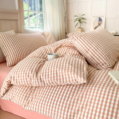 Queen Comforter Set 3 Pieces Pink Gingham Comforter Modern Style Blush Plaid Comforter Set Fluffy Soft Farmhouse Gingham Bedding Grid Checkered Comforter Queen with 2 Pillowcases