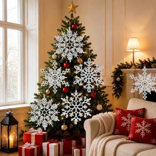 12pcs Large Silver Snowflakes Ornaments 12” Big Plastic Glitter Snowflake for Winter Indoor Outdoor Christmas Tree Window Room Decorations Giant Craft Snowflakes (12 Count)