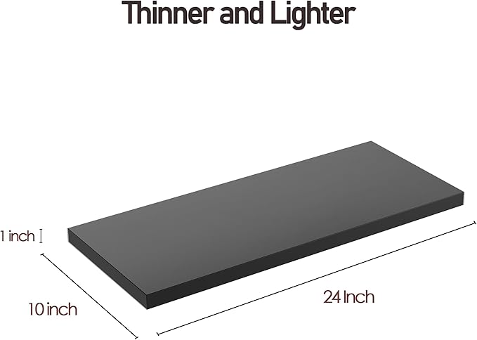 Wall Shelf Set of 2, Black Floating Shelves 24 in W x 10 in D x 1 in H, Wooden Floating Wall Shelf with Invisible Brackets for Living Room/Bedroom/Bathroom/Kitchen Storage and Decor
