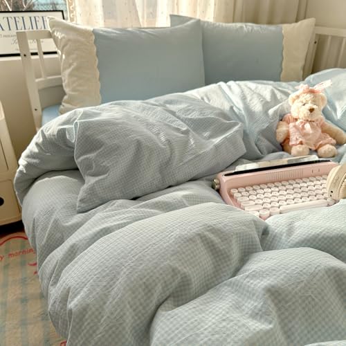 Blue Gingham Comforter Set King Romantic Lace Bedding Comforter with 2 Pillowcases Vintage Plaid Checkered Comforter Farmhouse Grid Bedding Set Blue Plaid Comforter Set for All Seasons