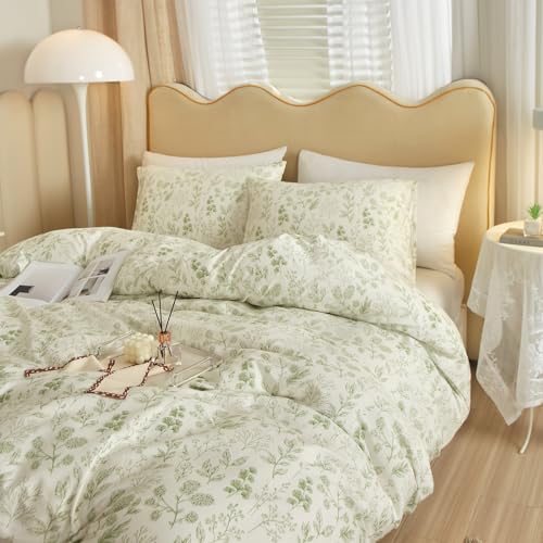 Garden Style Green Floral Comforter Set Full Size White Soft Fluffy Microfiber Comforter Chic Floral Printed Bedding Set Vintage Flowers Leaves Botanical Comforter Set All Seasons Full Comforter Set