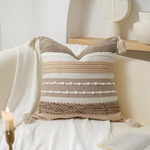 Brown Decorative Throw Pillow Cover 18x18 Square Boho Accent Pillowcase Tassels Farmhouse Cushion for Couch Sofa Bedroom Livingroom Home Décor Cover ONLY